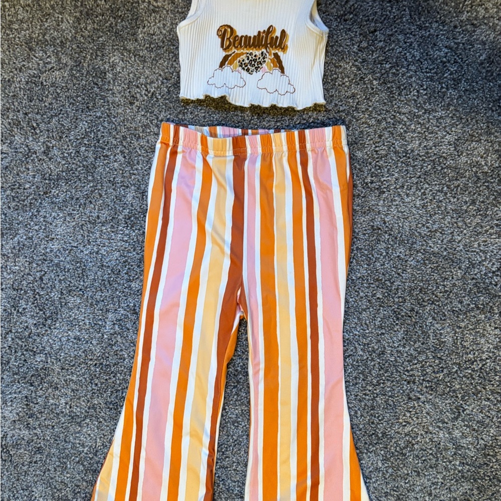 3/$15 SHEIN Orange and Pink Striped Pants with White Crop Top